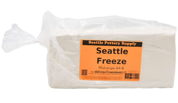 A bag of wet of Seattle Freeze Mid-Range Translucent Porcelain  showing the orange Seattle Pottery Supply label