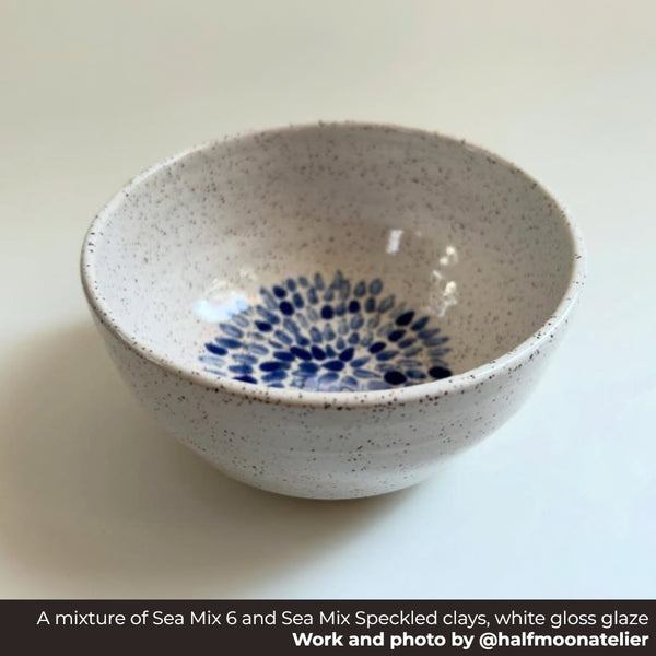 Speckled ceramic bowl with blue floral pattern on a white background, Made with a mixture of Seattle Pottery Supply Sea Mix 6 and Sea Mix Speckled clays